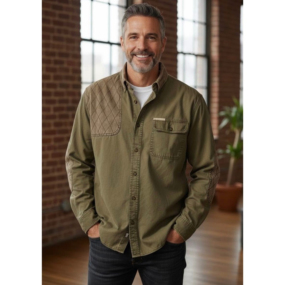 North River Mens Olive Green Quilted Shoulder Elbow Patch Button Up Shirt, Large